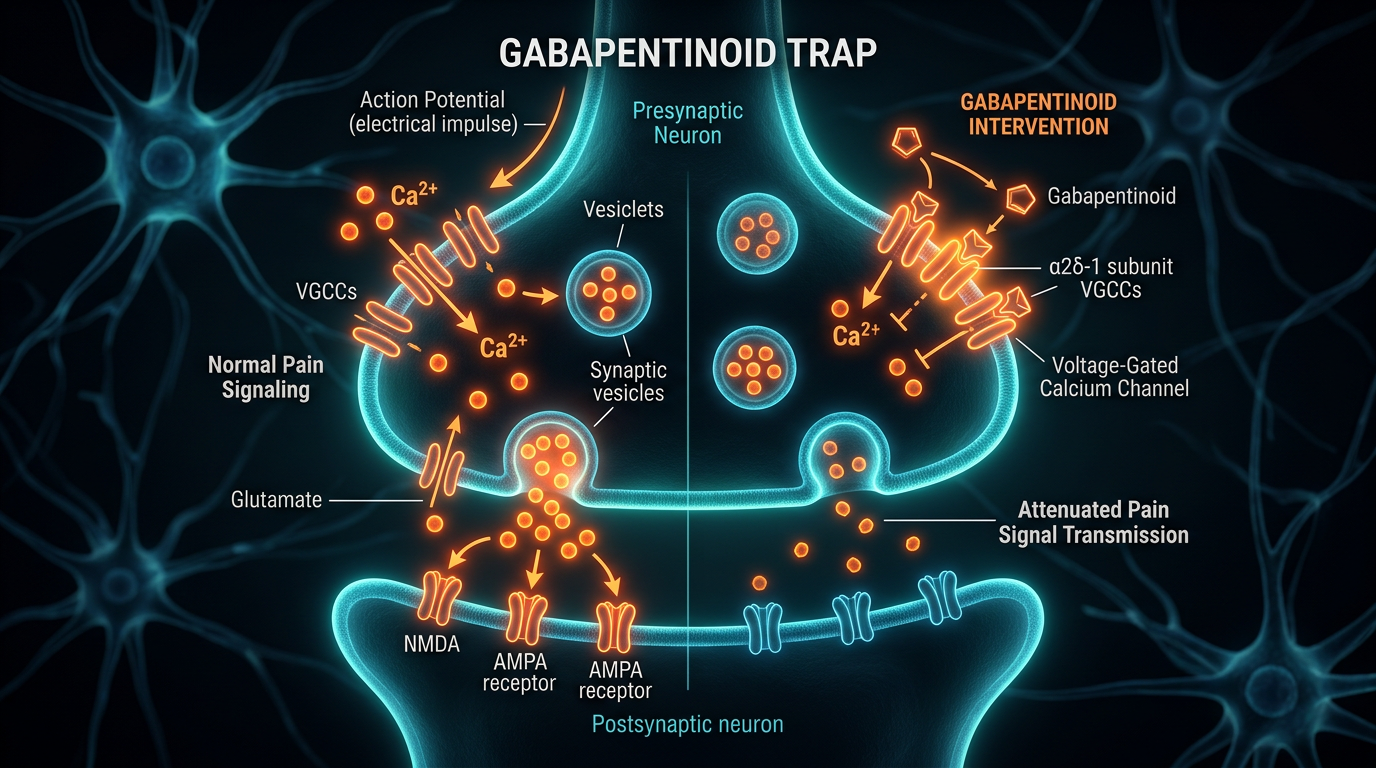 Scientific illustration for The Gabapentinoid Trap: Neurochemical Consequences of Nerve Pain Suppression