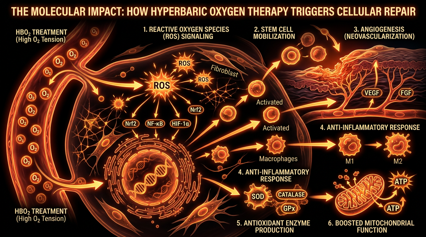 Scientific illustration for The Molecular Impact: How Hyperbaric Oxygen Therapy Triggers Cellular Repair