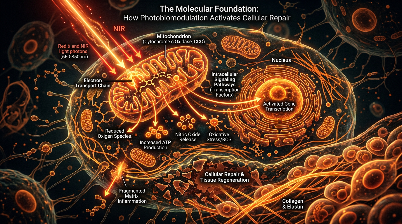 Scientific illustration for The Molecular Foundation: How Photobiomodulation Activates Cellular Repair