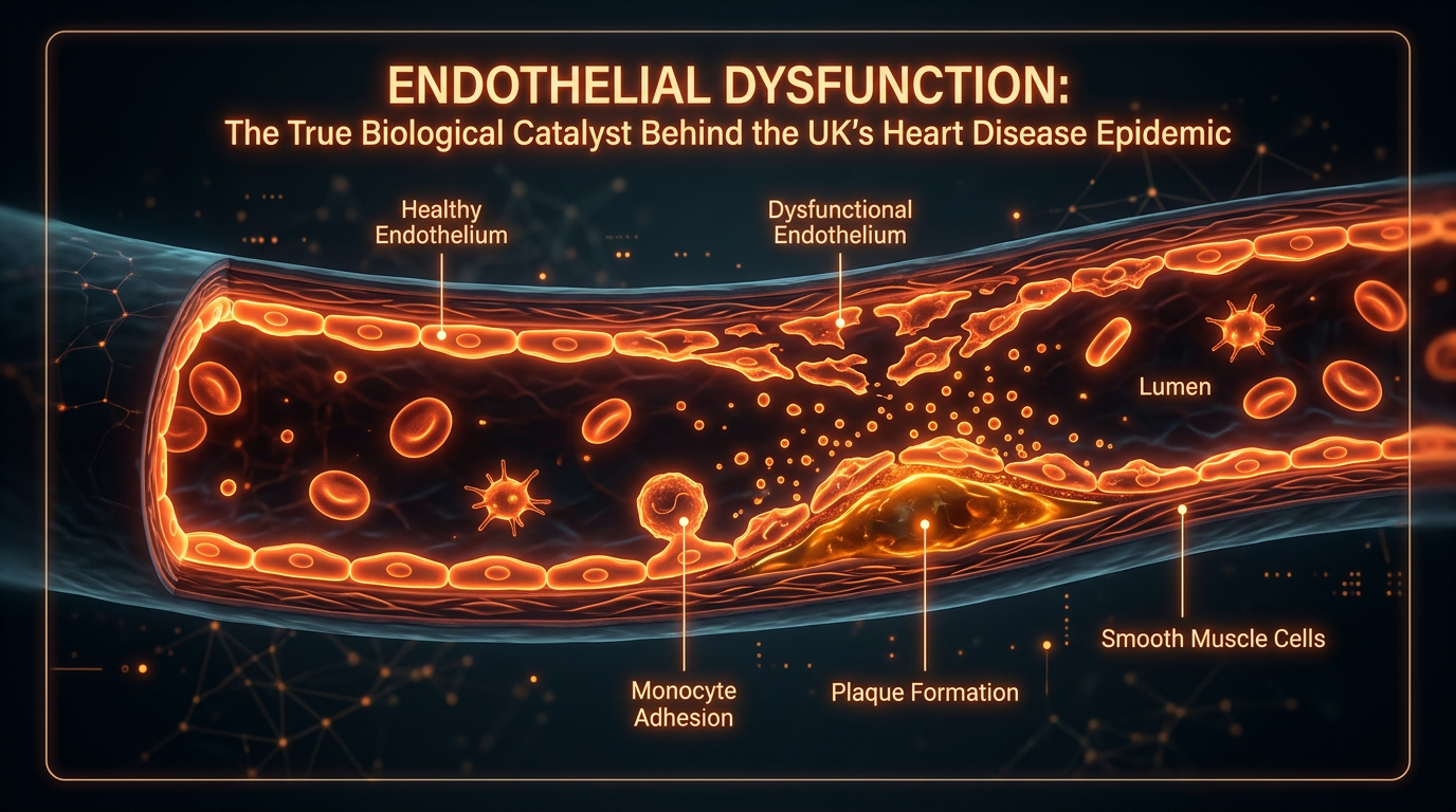 Scientific illustration for Endothelial Dysfunction: The True Biological Catalyst Behind the UK’s Heart Disease Epidemic