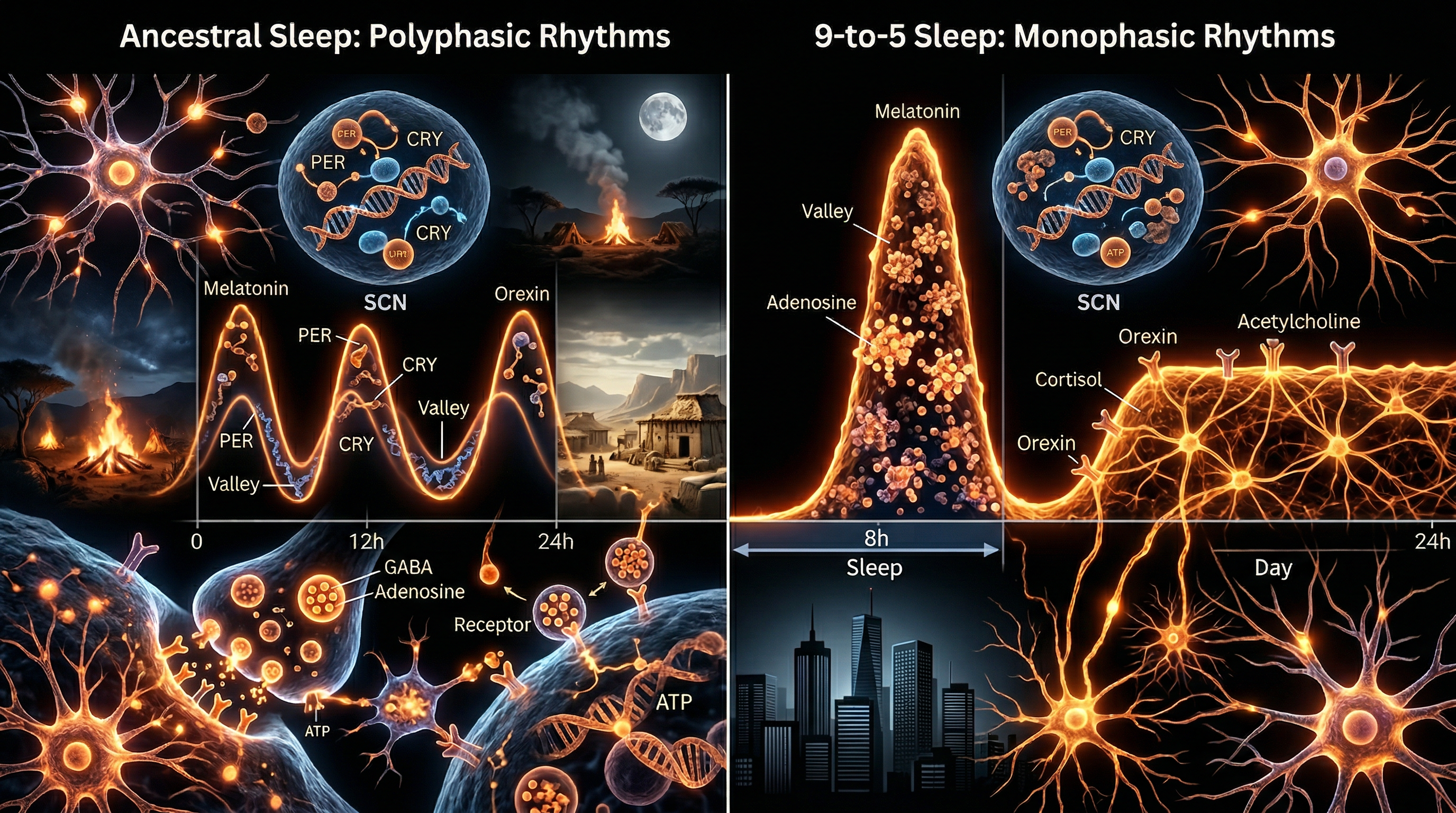 Scientific illustration for Ancestral Sleep: Polyphasic Rhythms vs. 9-to-5