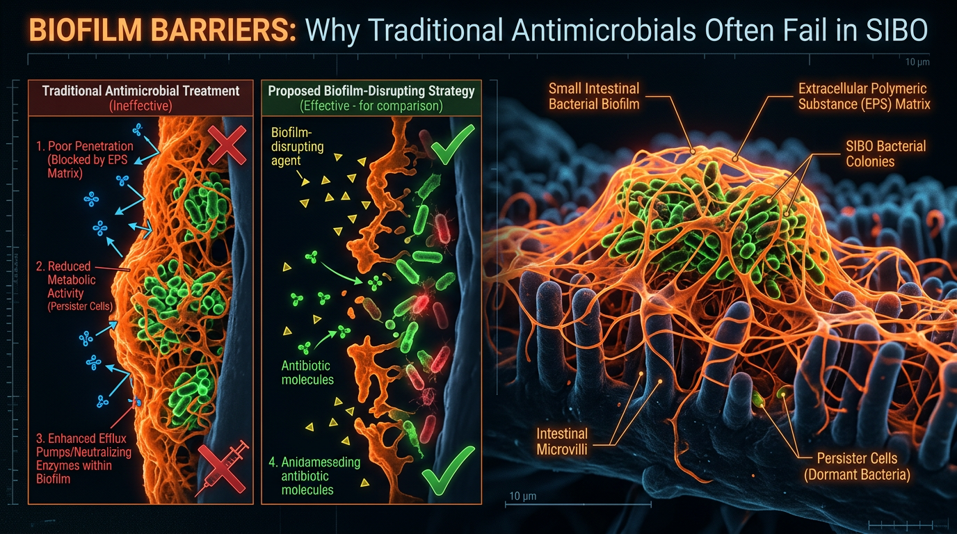 Scientific illustration for Biofilm Barriers: Why Traditional Antimicrobials Often Fail in SIBO