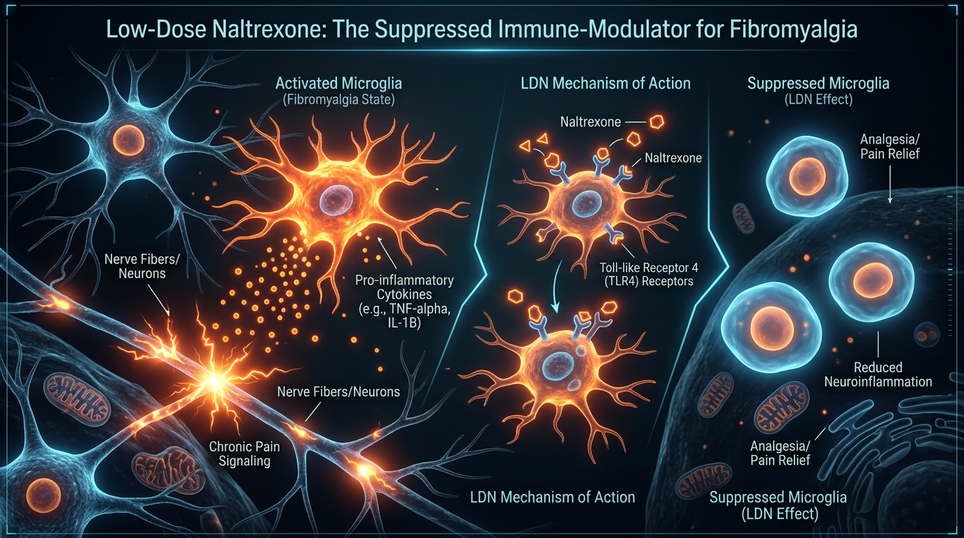 Scientific illustration for Low-Dose Naltrexone: The Suppressed Immune-Modulator for Fibromyalgia