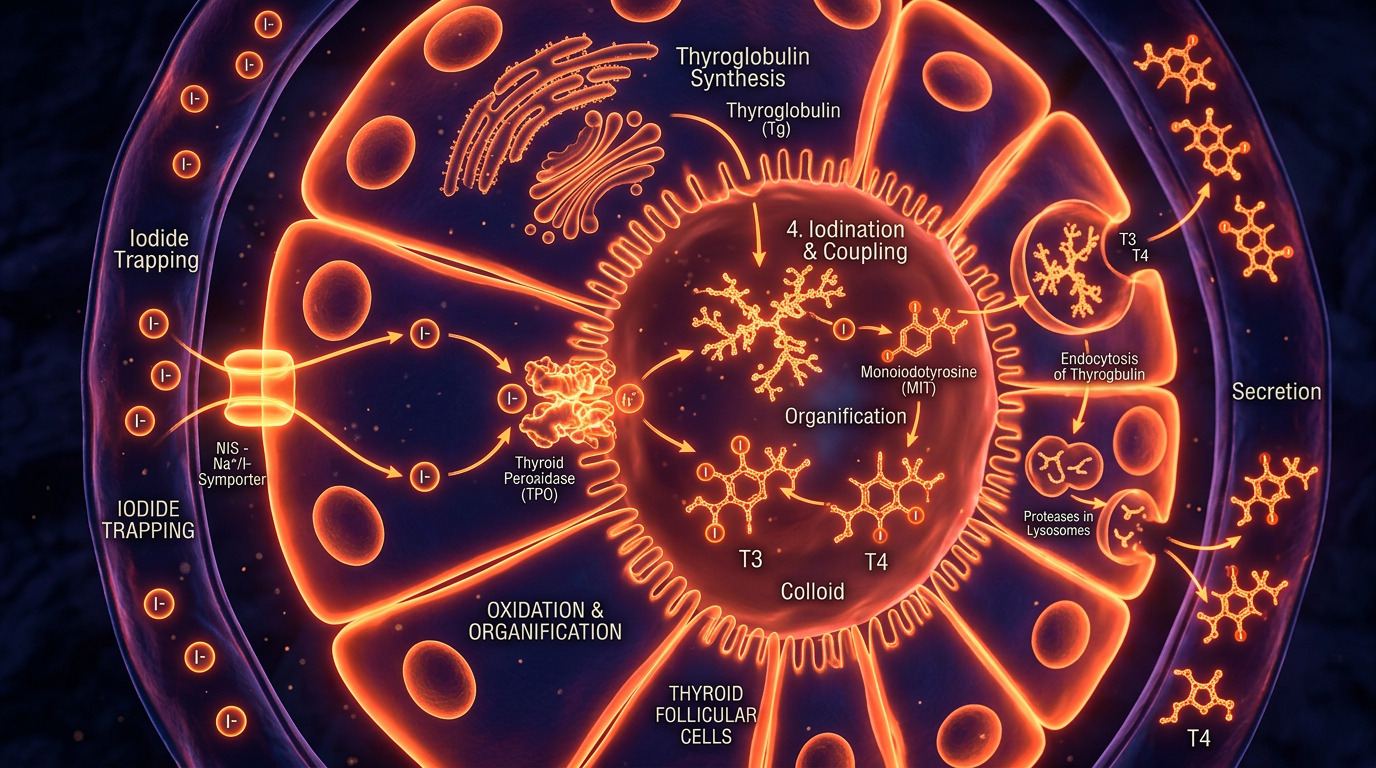 Scientific illustration for Iodine's Crucial Role in Thyroid Hormone Production