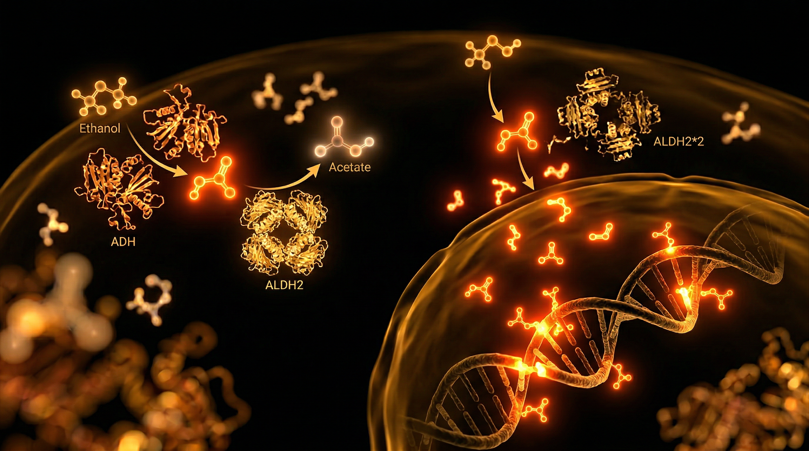 Scientific illustration for Alcohol Metabolism and the ALDH2 Variant: The Biological Basis for Intolerance and DNA Damage