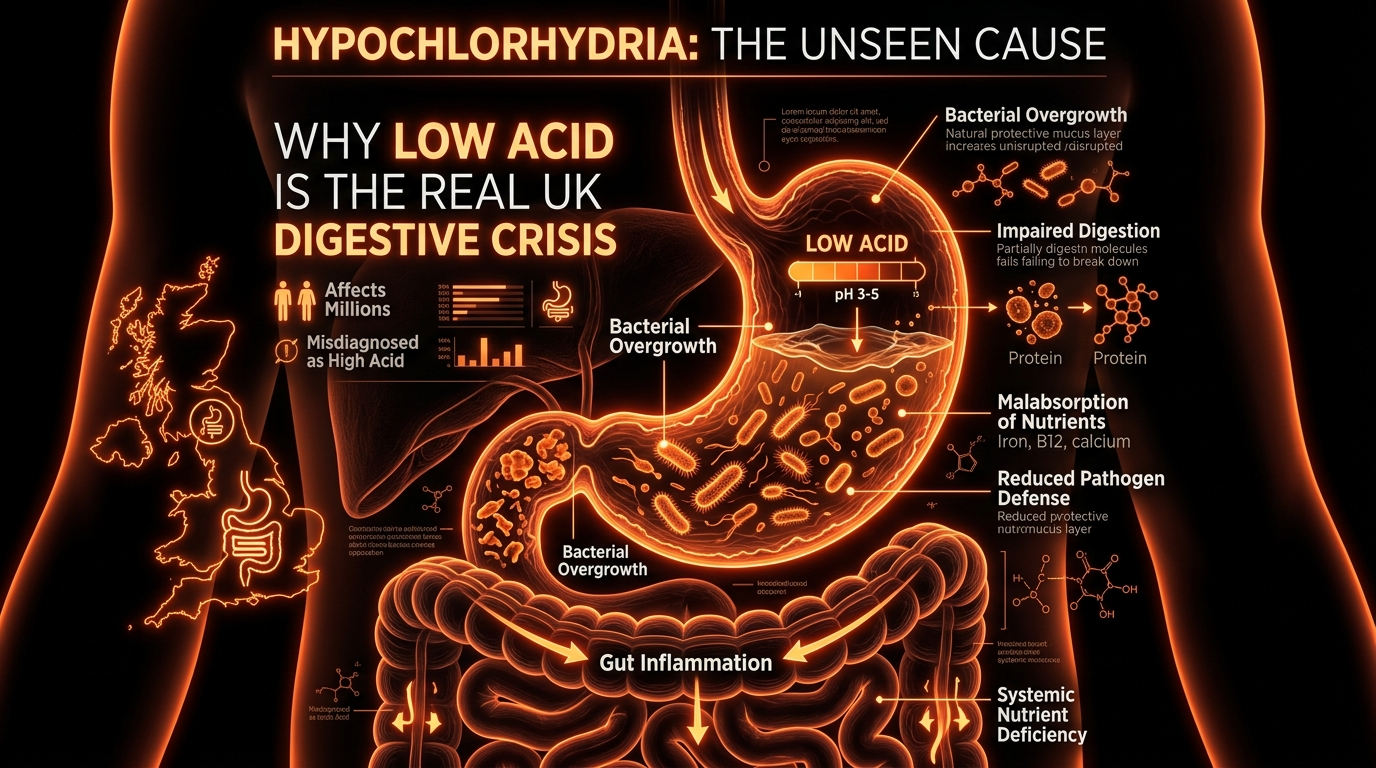 Scientific illustration for Hypochlorhydria: Why Low Acid is the Real UK Digestive Crisis