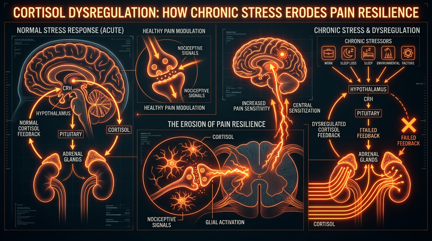 Scientific illustration for Cortisol Dysregulation: How Chronic Stress Erodes Pain Resilience