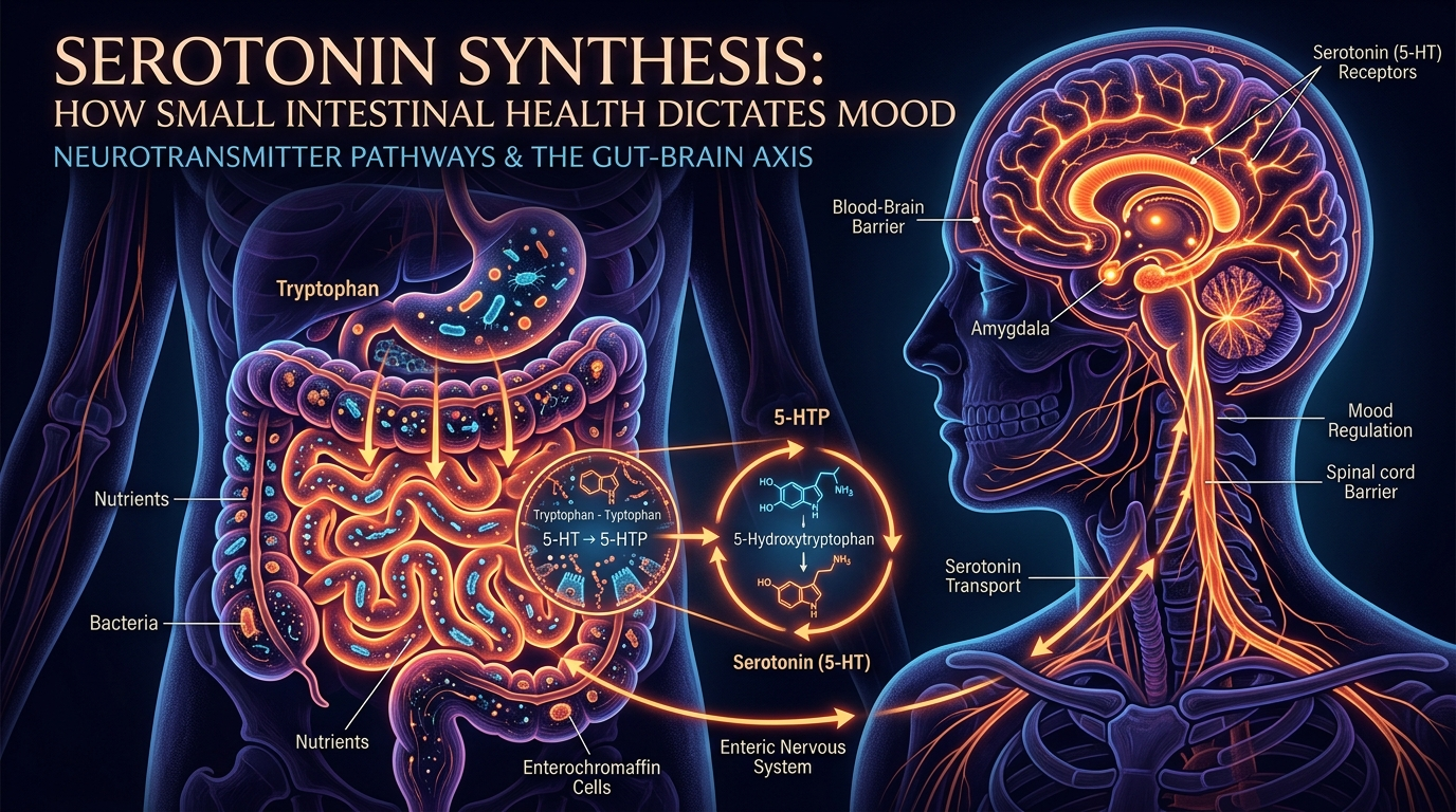 Scientific illustration for Serotonin Synthesis: How Small Intestinal Health Dictates Mood