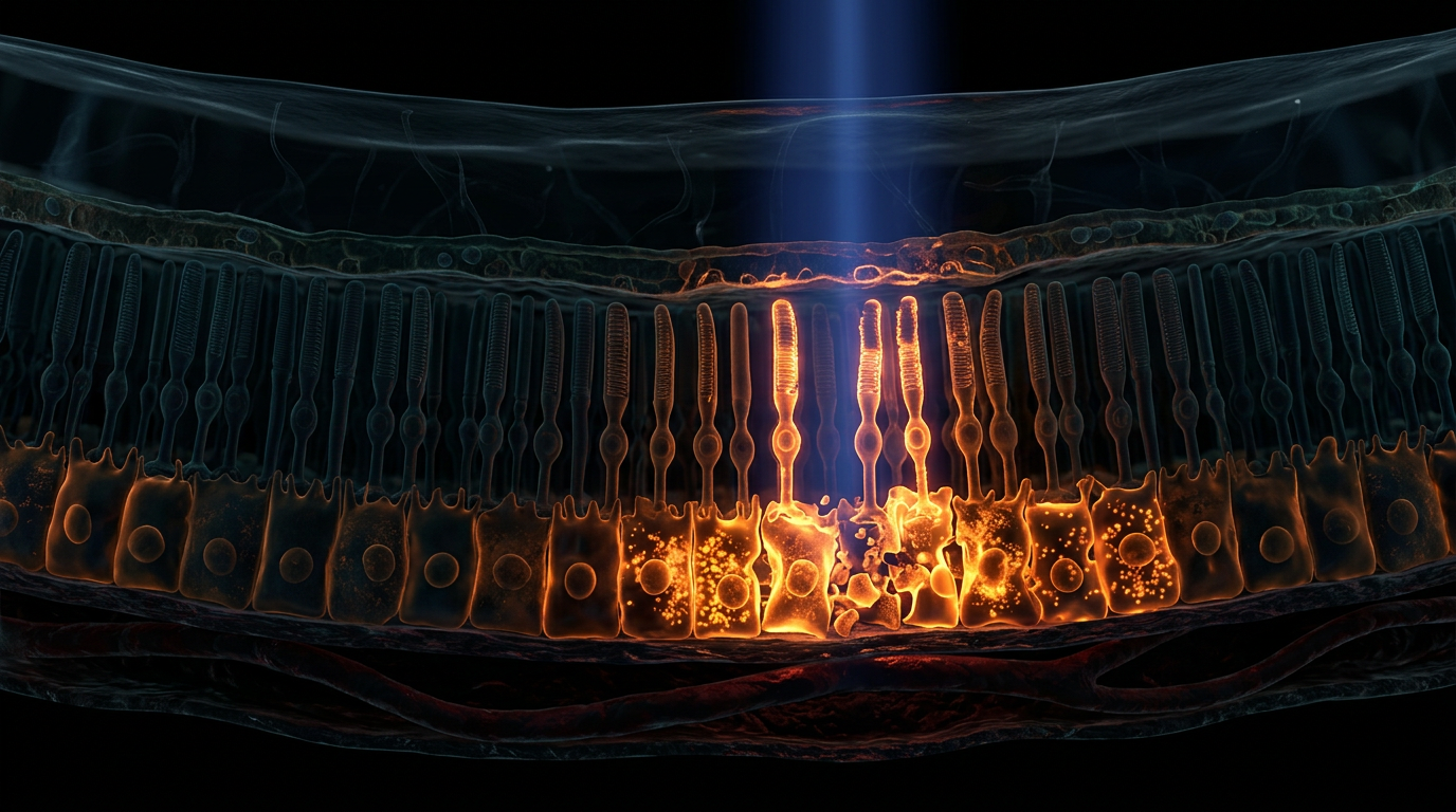 Scientific illustration for Blue Light Toxicity: The Photochemical Stress on Retinal Pigment Epithelium