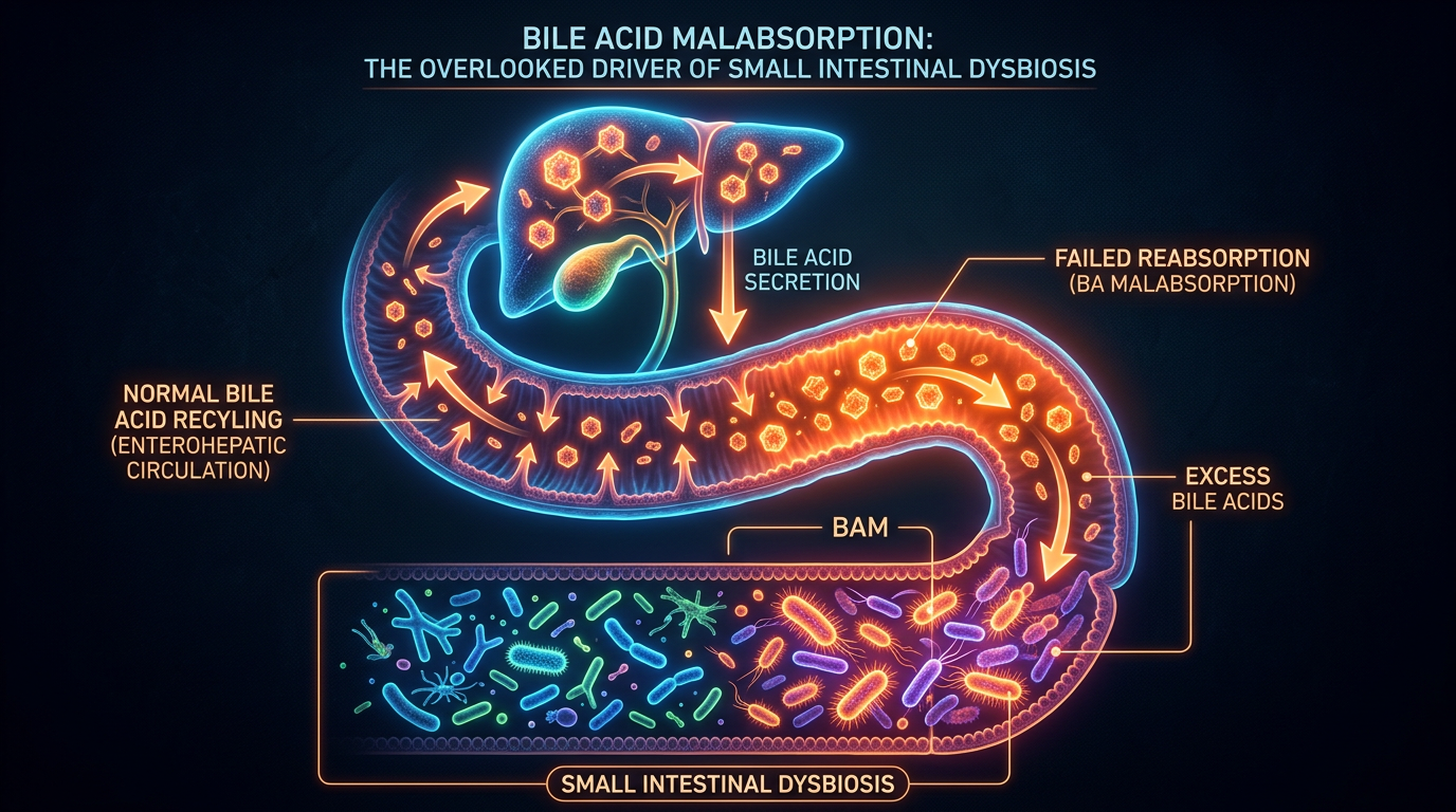 Scientific illustration for Bile Acid Malabsorption: The Overlooked Driver of Small Intestinal Dysbiosis