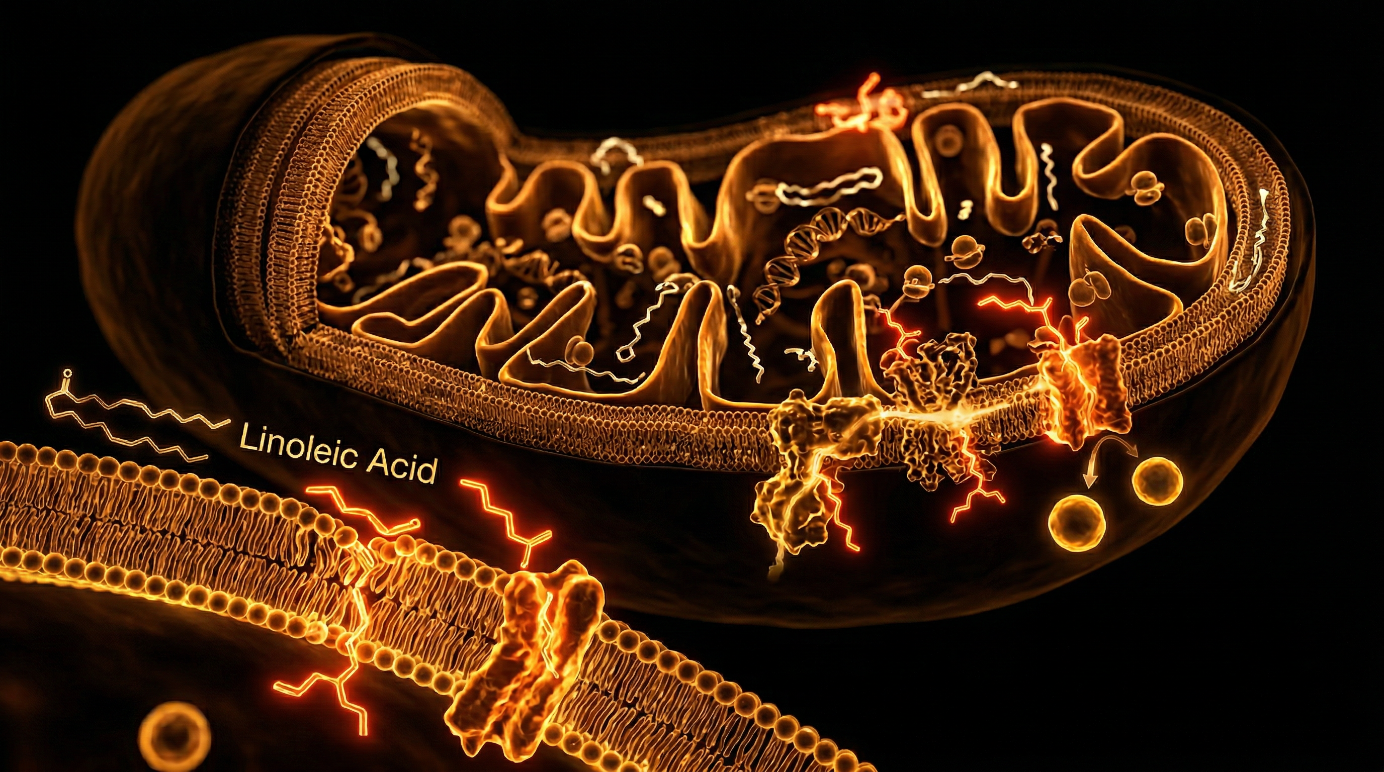 Scientific illustration for The HNE Pathogen: Linoleic Acid and Mitochondrial Dysfunction