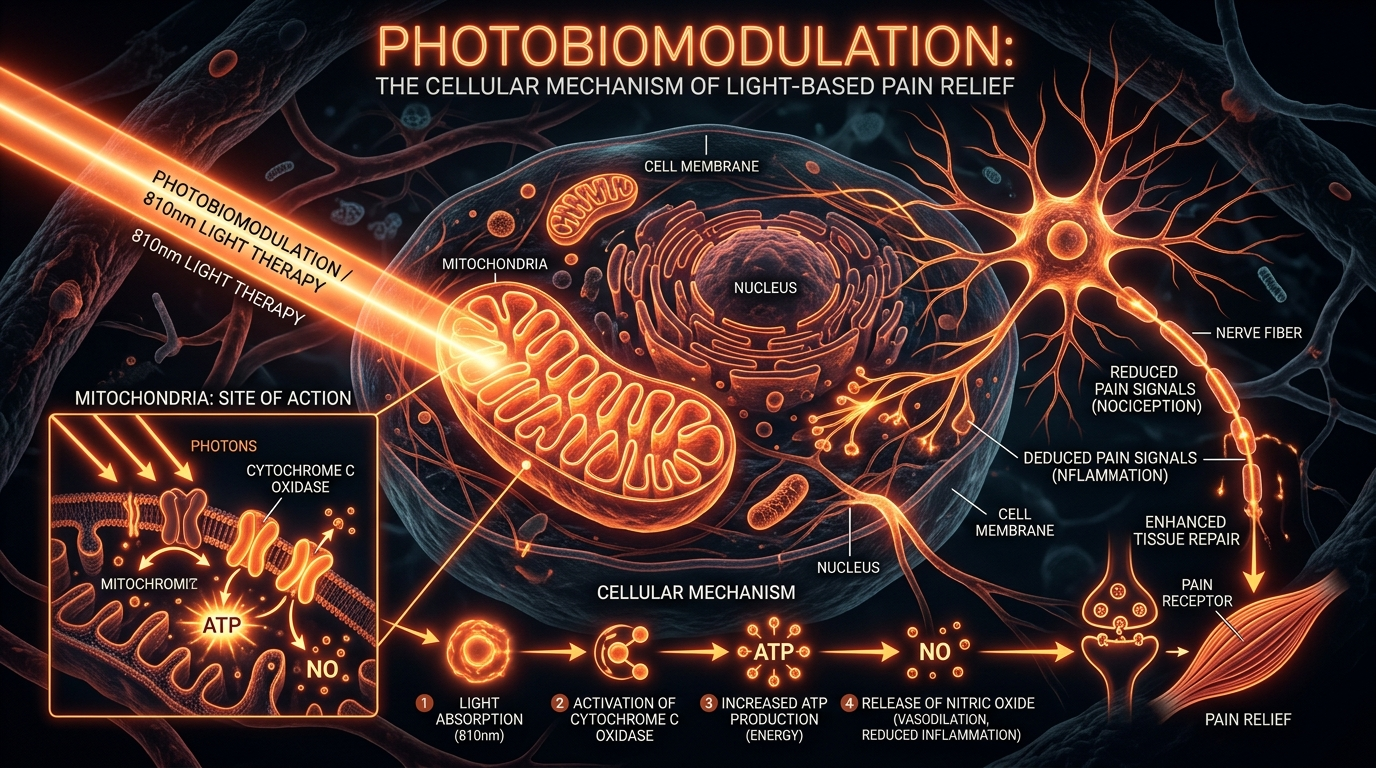 Scientific illustration for Photobiomodulation: The Cellular Mechanism of Light-Based Pain Relief