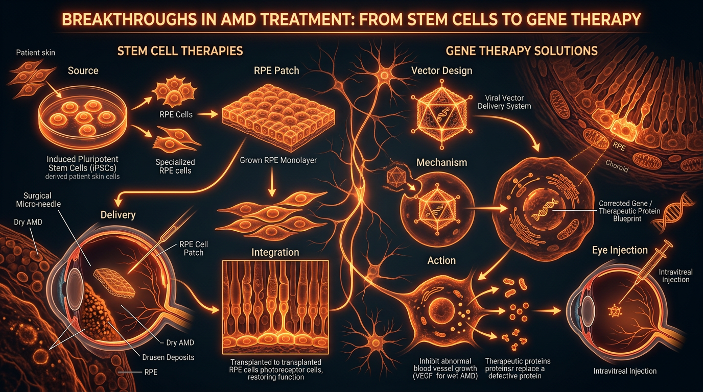 Scientific illustration for Breakthroughs in AMD Treatment: From Stem Cells to Gene Therapy