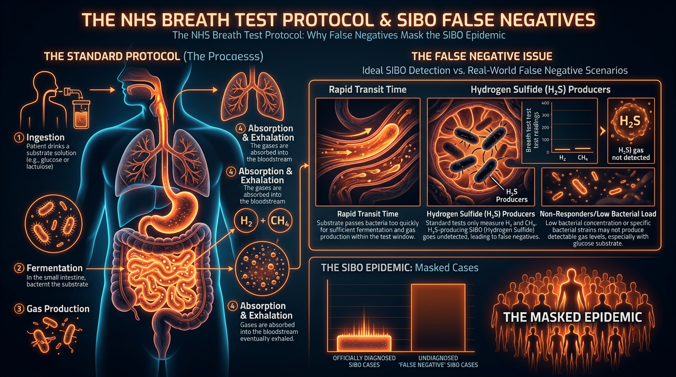 Scientific illustration for The NHS Breath Test Protocol: Why False Negatives Mask the SIBO Epidemic