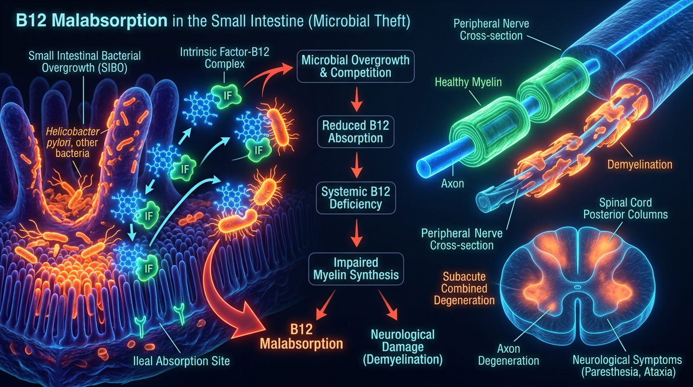 Scientific illustration for B12 Malabsorption: The Neurological Consequences of Microbial Theft