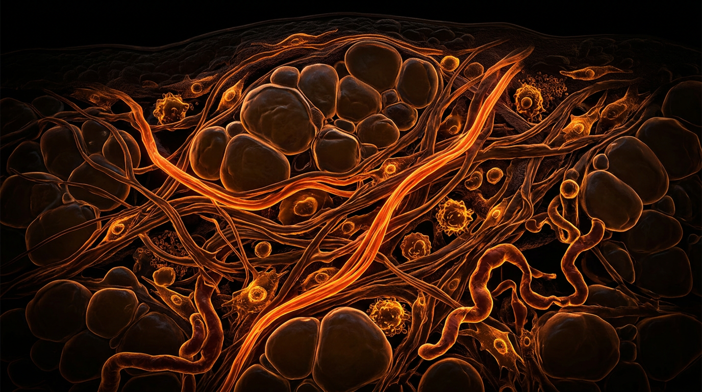 Scientific illustration for Fibrotic Architectures: Mapping the Extracellular Matrix Remodelling in Stage III Lipoedema