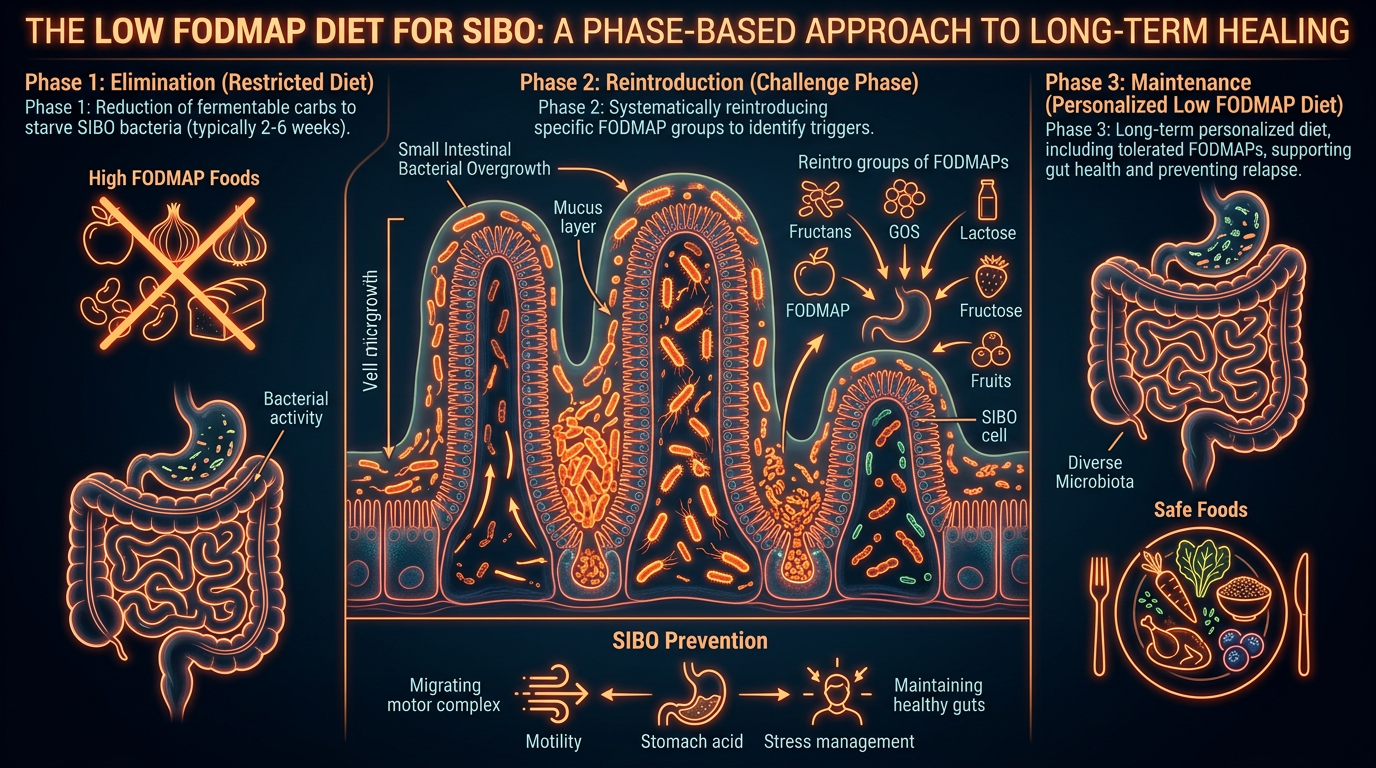 Scientific illustration for The Low FODMAP Diet for SIBO: A Phase-Based Approach to Long-Term Healing