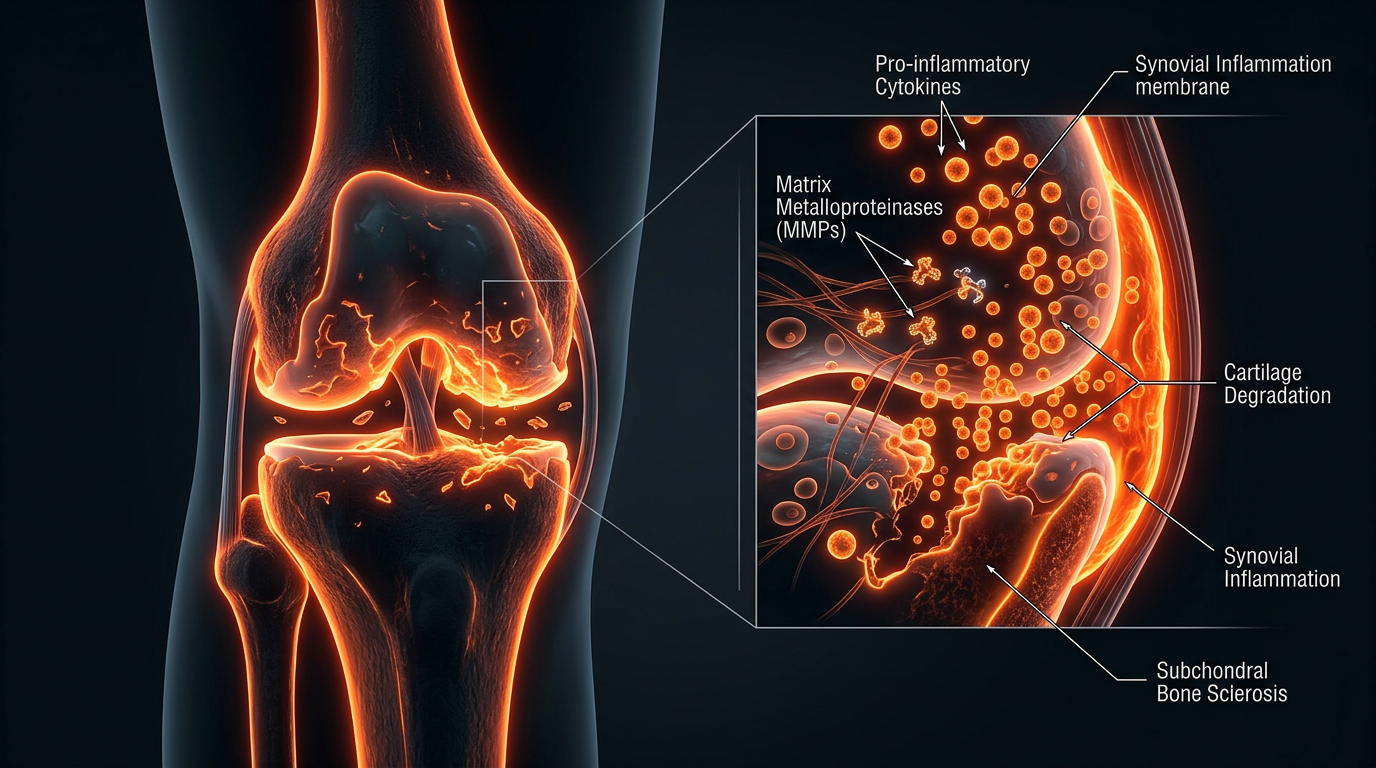 Scientific illustration for Cytokine Storms and Joint Decay: The Molecular Drivers of Osteoarthritis