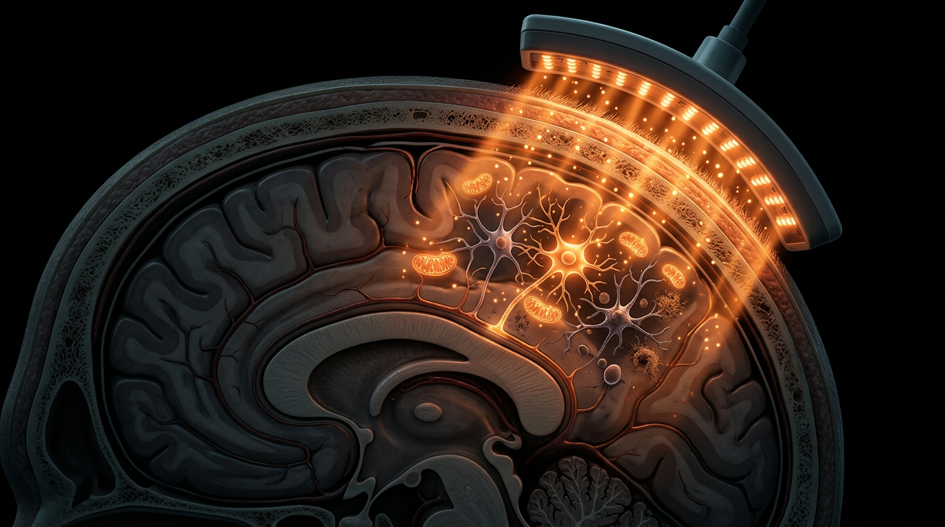 Scientific illustration for Transcranial Light Therapy: Can Photons Mitigate Neurodegenerative Decline?