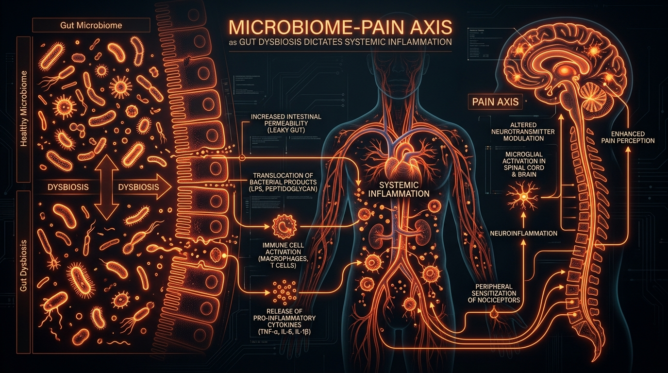 Scientific illustration for Microbiome-Pain Axis: How Gut Dysbiosis Dictates Systemic Inflammation
