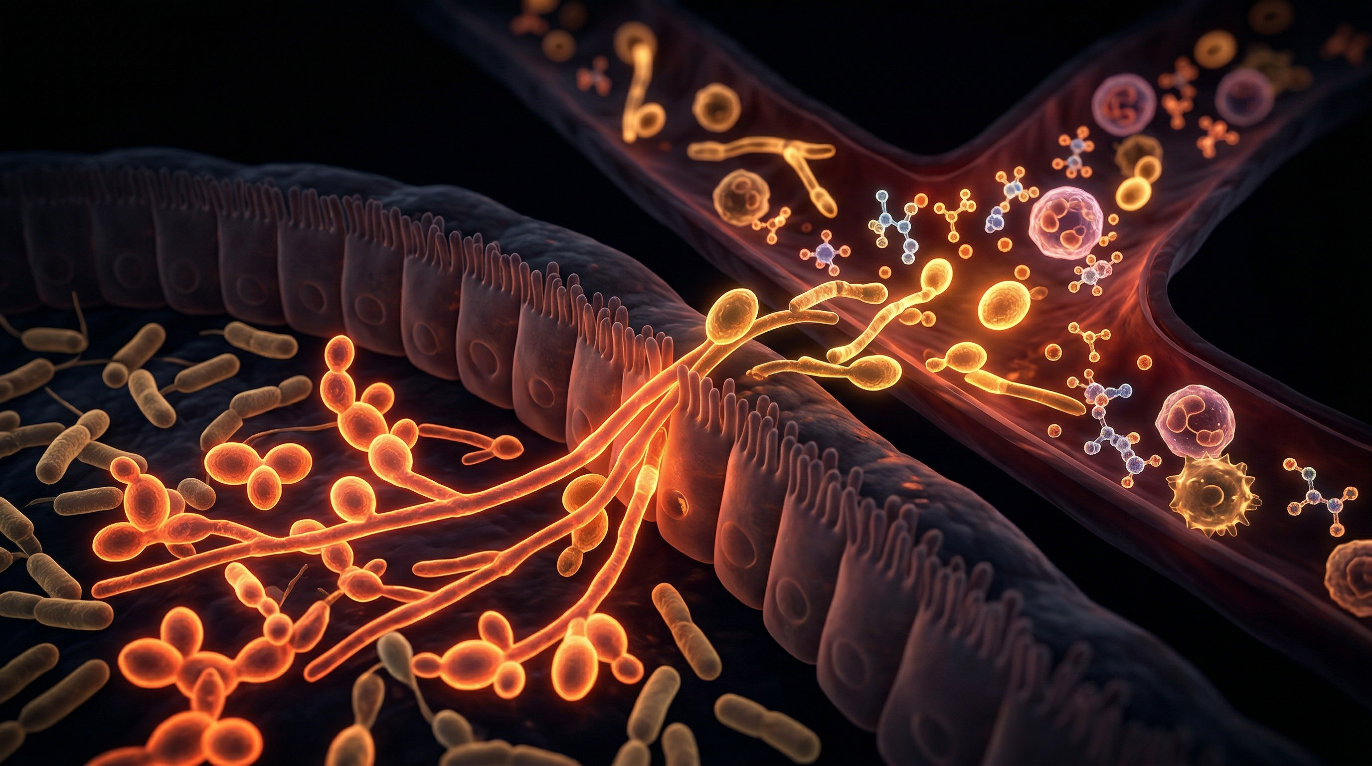 Scientific illustration for Candida Albicans Overgrowth: From Gut Dysbiosis to Systemic Inflammation
