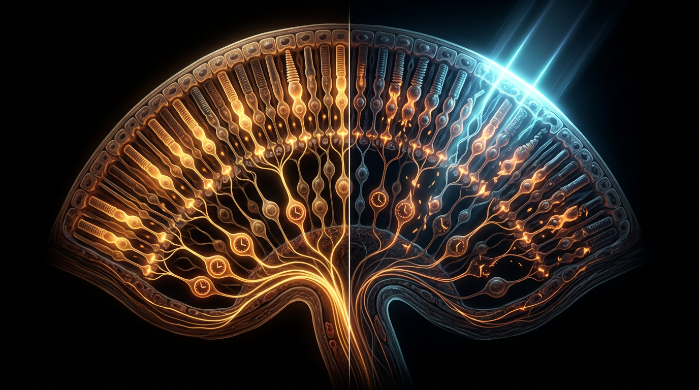 Scientific illustration for The Retinal Bio-Clock: How Modern Lighting Disrupts Circadian Ocular Health