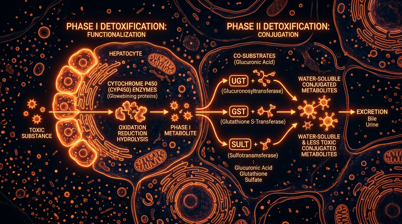Scientific illustration for Phase I and Phase II Detoxification: The Liver's Chemical Processing Plant