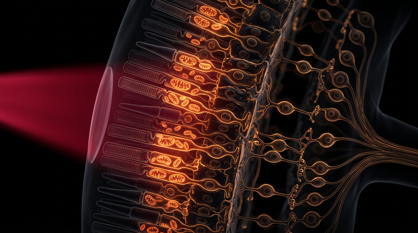 Scientific illustration for Red Light Therapy (670nm): Recharging Photoreceptor Mitochondria for Aging Eyes
