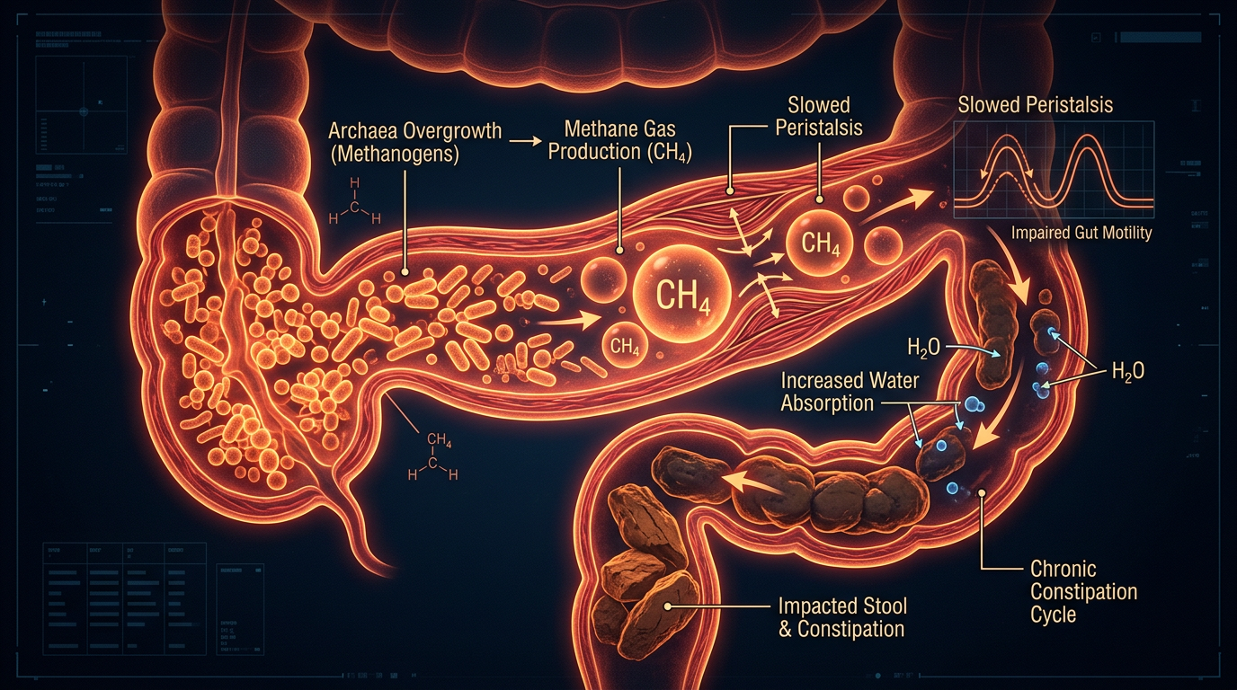 Scientific illustration for Methane Overgrowth: Deciphering the Archaea-Induced Constipation Cycle