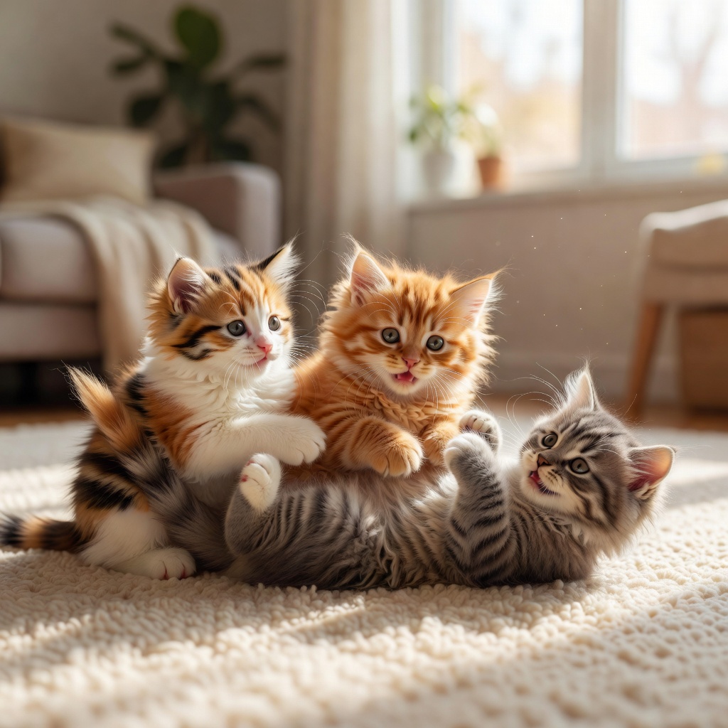 Two adorable kittens tumbling and playing on a soft carpet in a sun-drenched living room