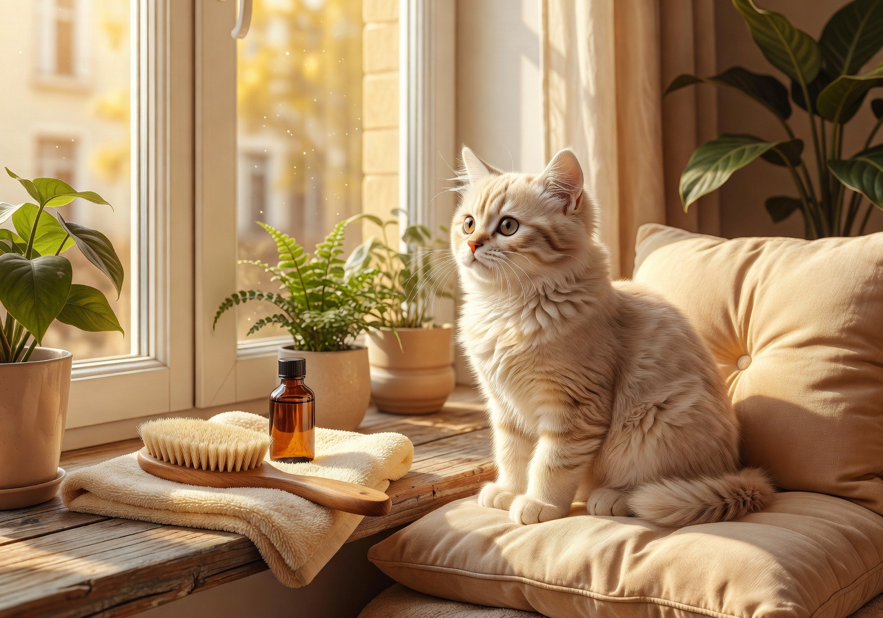 A cute fluffy kitten in a cozy sunlit apartment window
