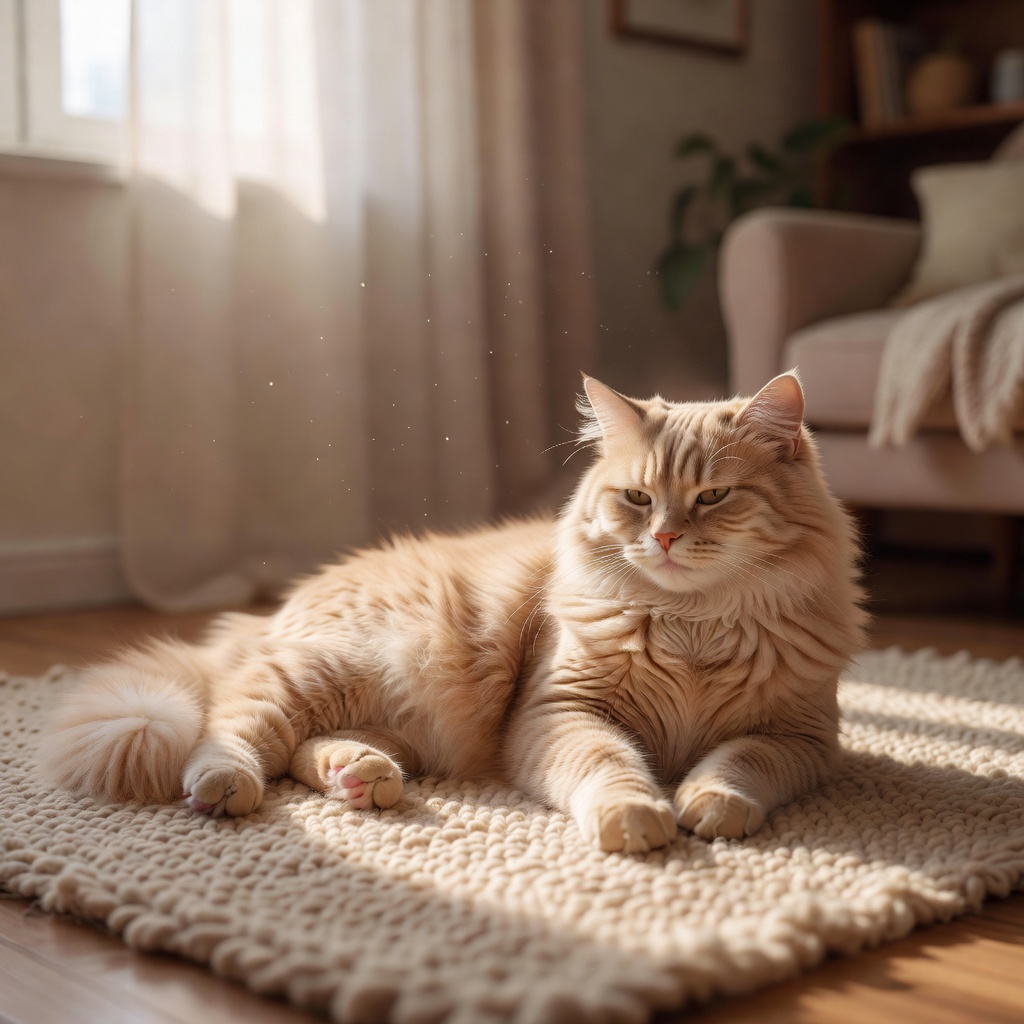 A beautiful fluffy adult cat lying in natural sunlight looking calm and serene
