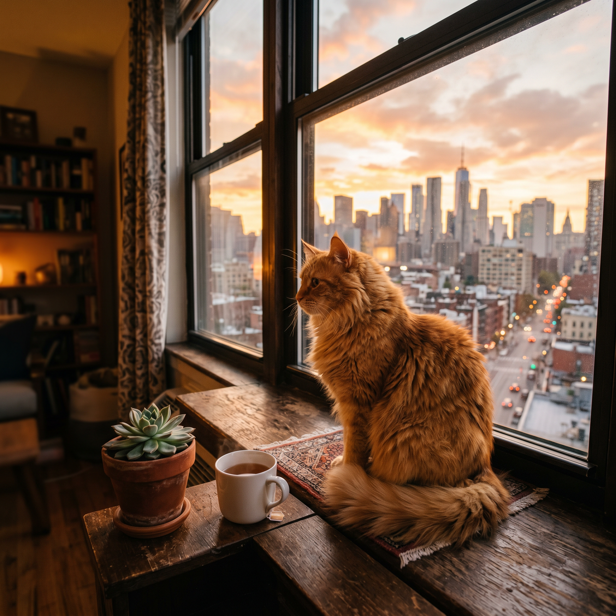 A majestic long-haired ginger cat sitting on a windowsill looking out at a city sunset skyline with a tea mug and succulent nearby