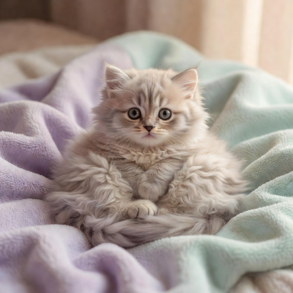 A soft fluffy kitten curled up on a cozy blanket looking relaxed and peaceful
