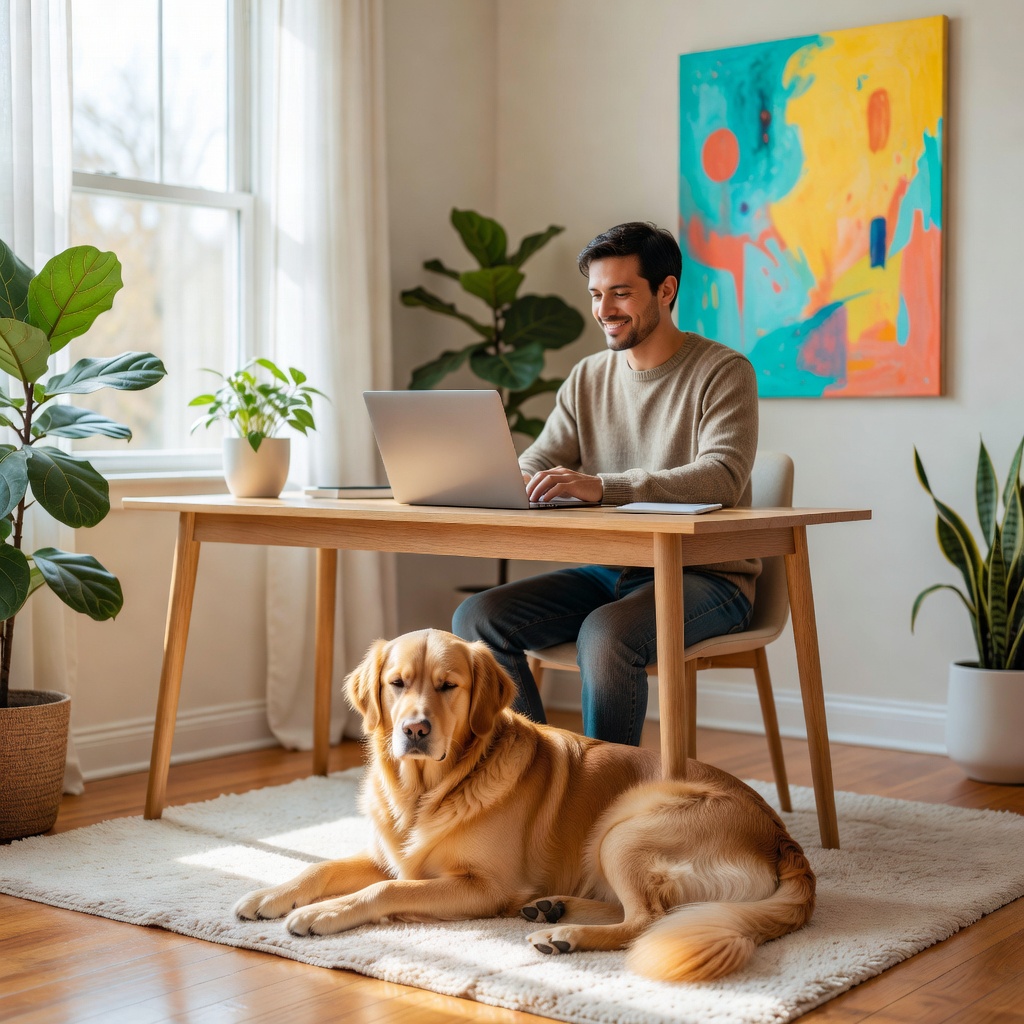 Calm dog with owner