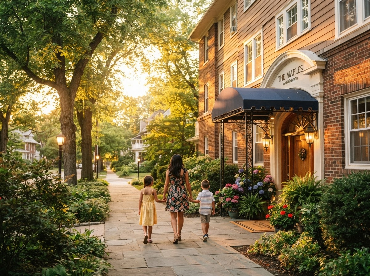 A welcoming apartment building entrance with lush trees and golden afternoon light