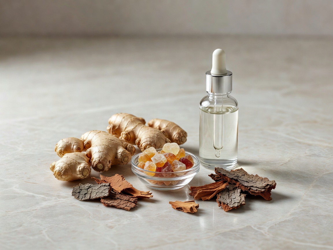 A clean, natural arrangement of ginger roots, pine bark and premium apothecary bottles representing Joint Genesis ingredients