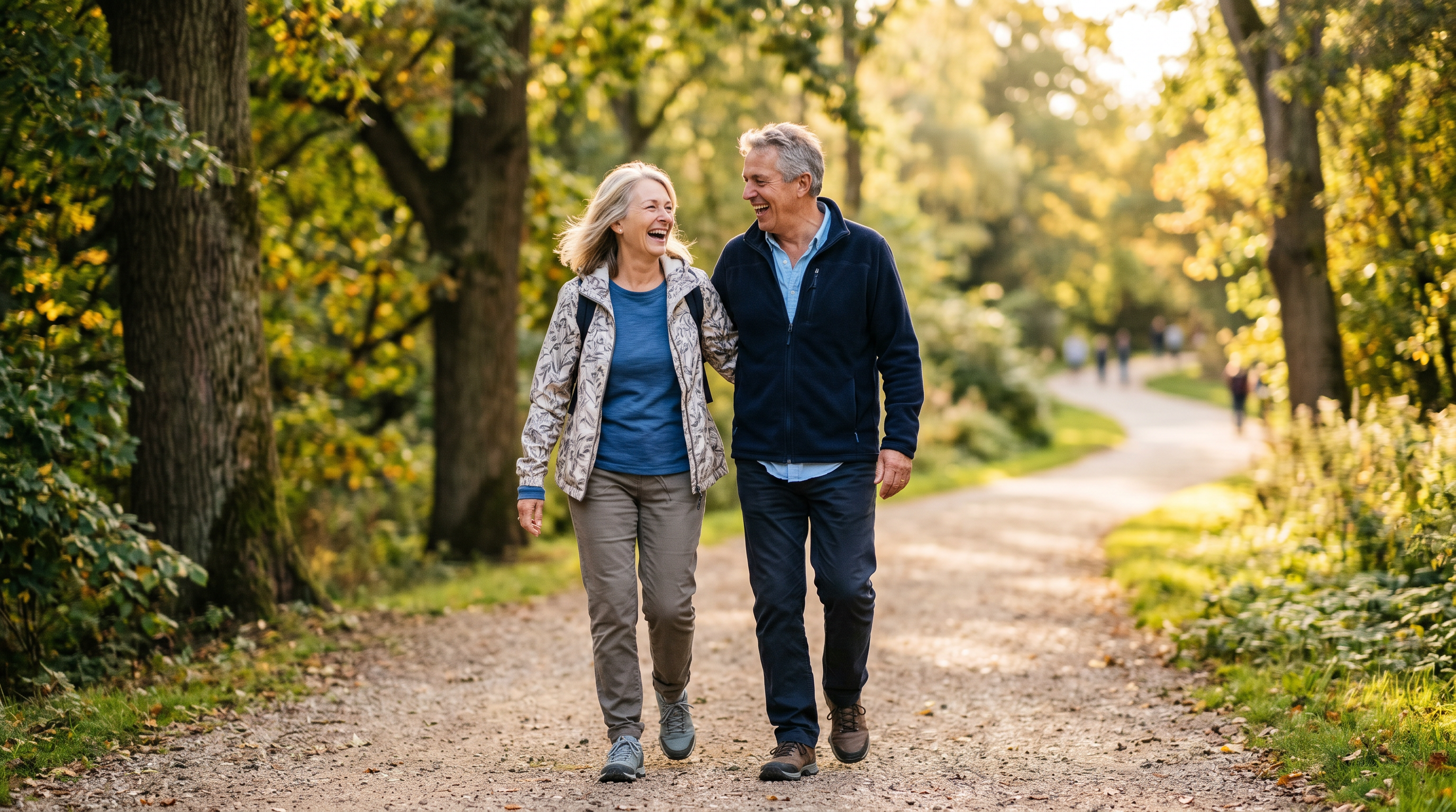 An active, healthy senior couple walking and talking happily outdoors on a sunny day