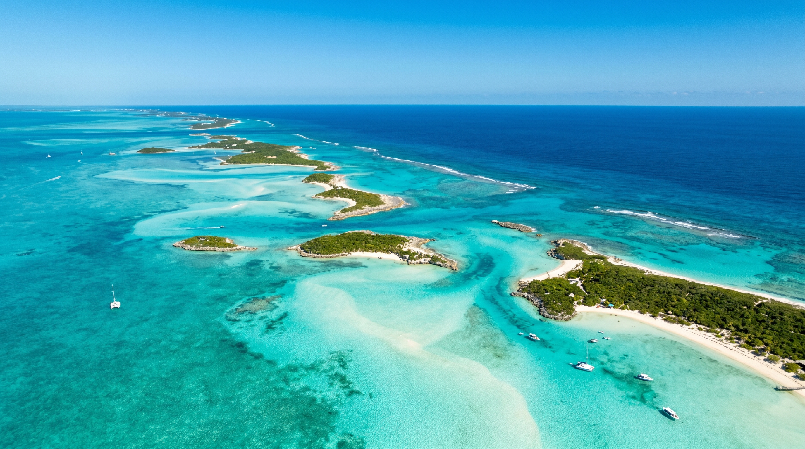 Aerial view of the Bahamas archipelago with crystal turquoise waters