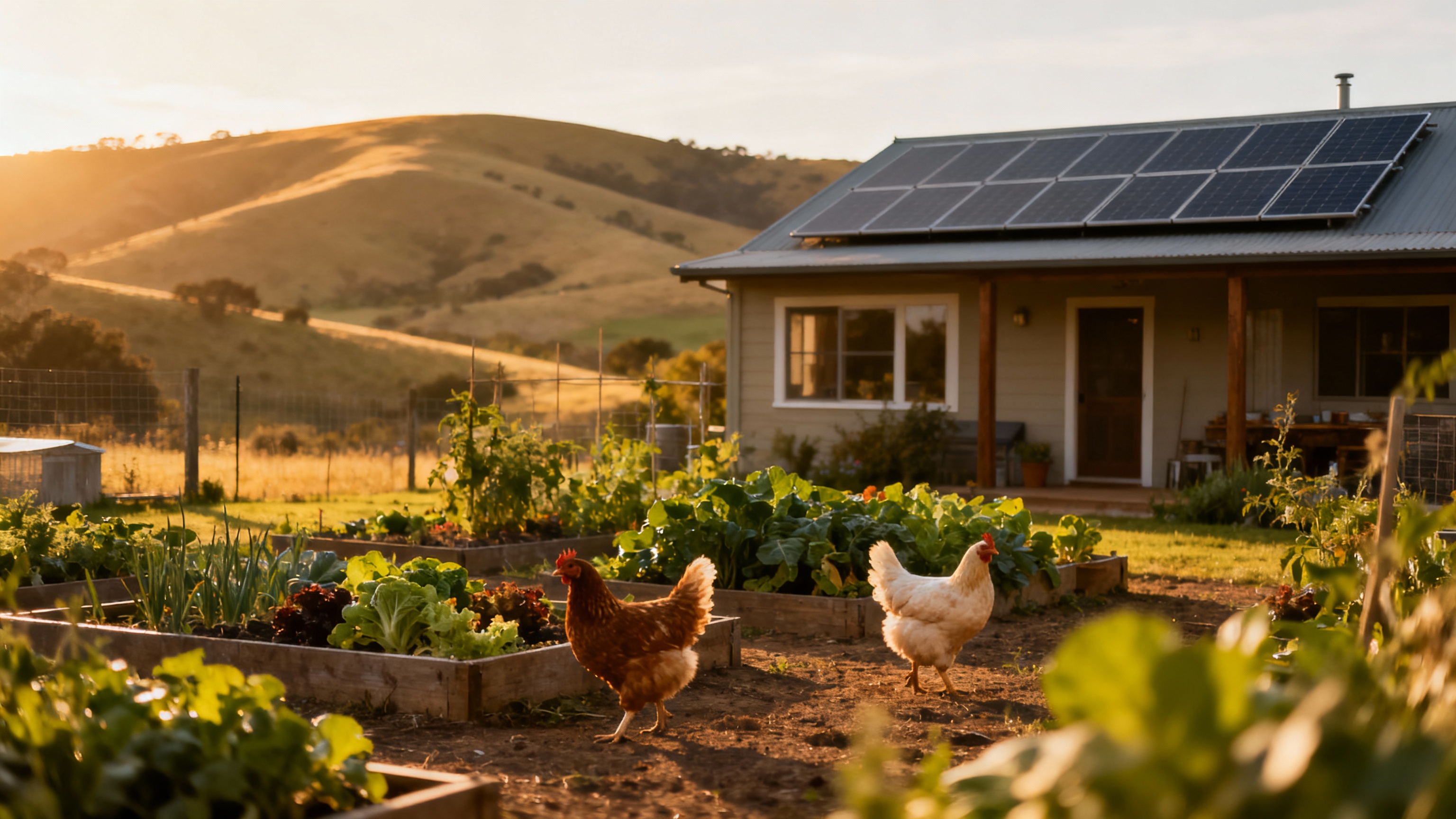 Peaceful homestead with garden, chickens, and solar panels in golden hour light