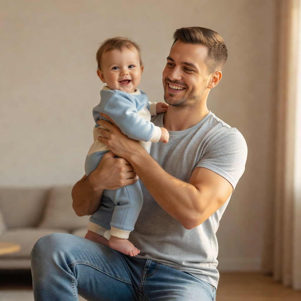 Dad holding infant baby smiling