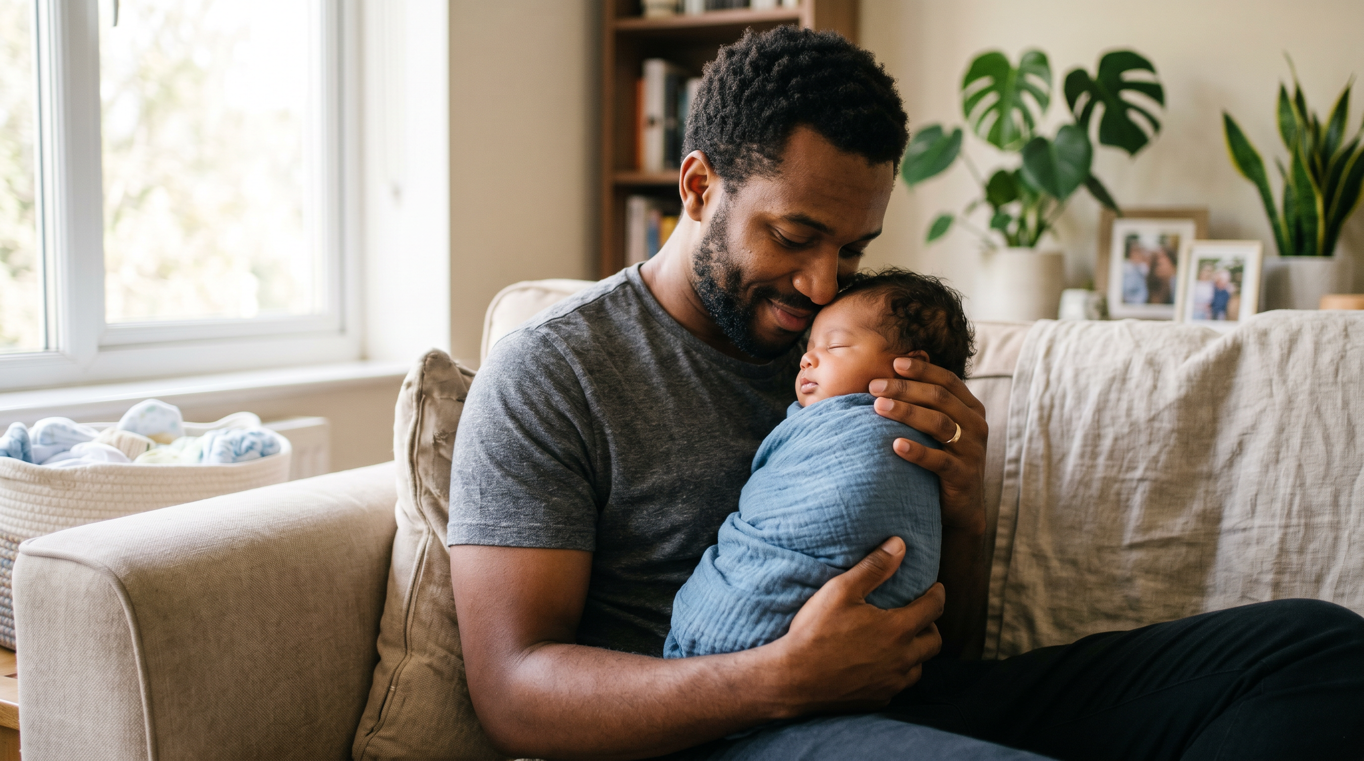 Father holding newborn baby gently