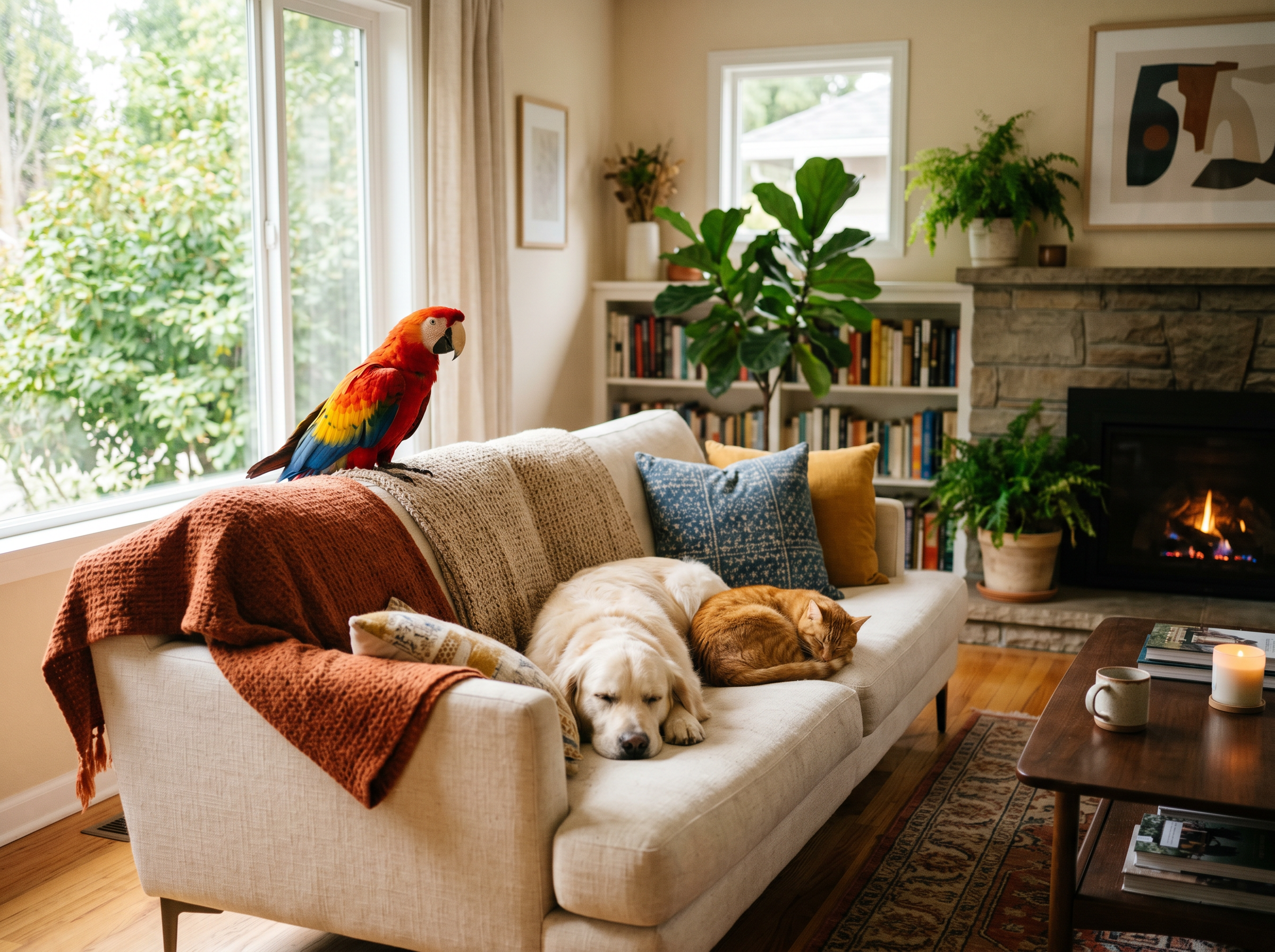 Cozy pets at home with parrot