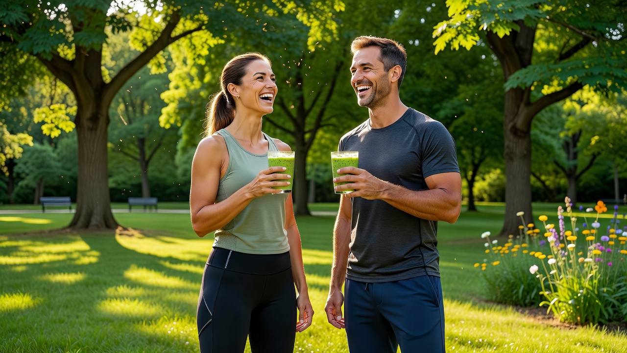 Couple celebrating healthy lifestyle with green smoothies in a sunlit park