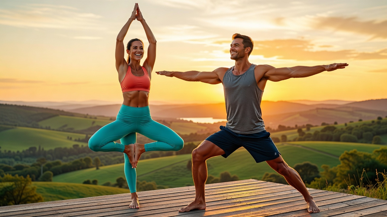 Couple practicing yoga together at sunset on a scenic overlook