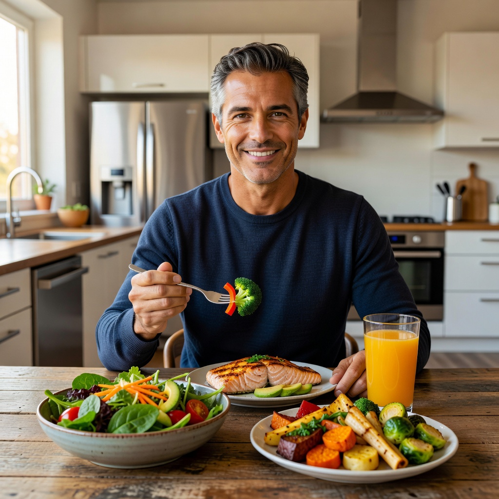 Healthy man enjoying a vibrant nutrient-rich meal in a bright kitchen
