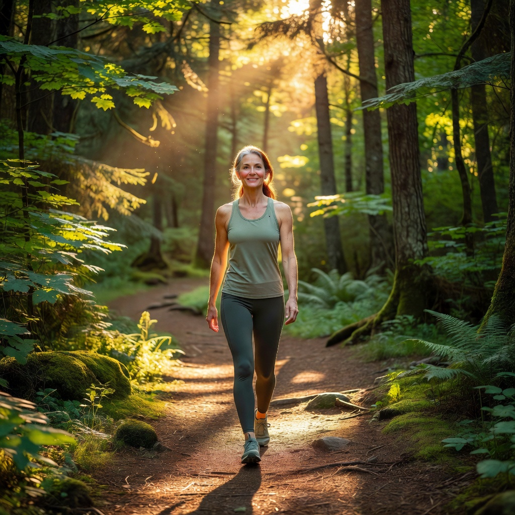 Woman walking on a sunlit forest trail in athletic wear
