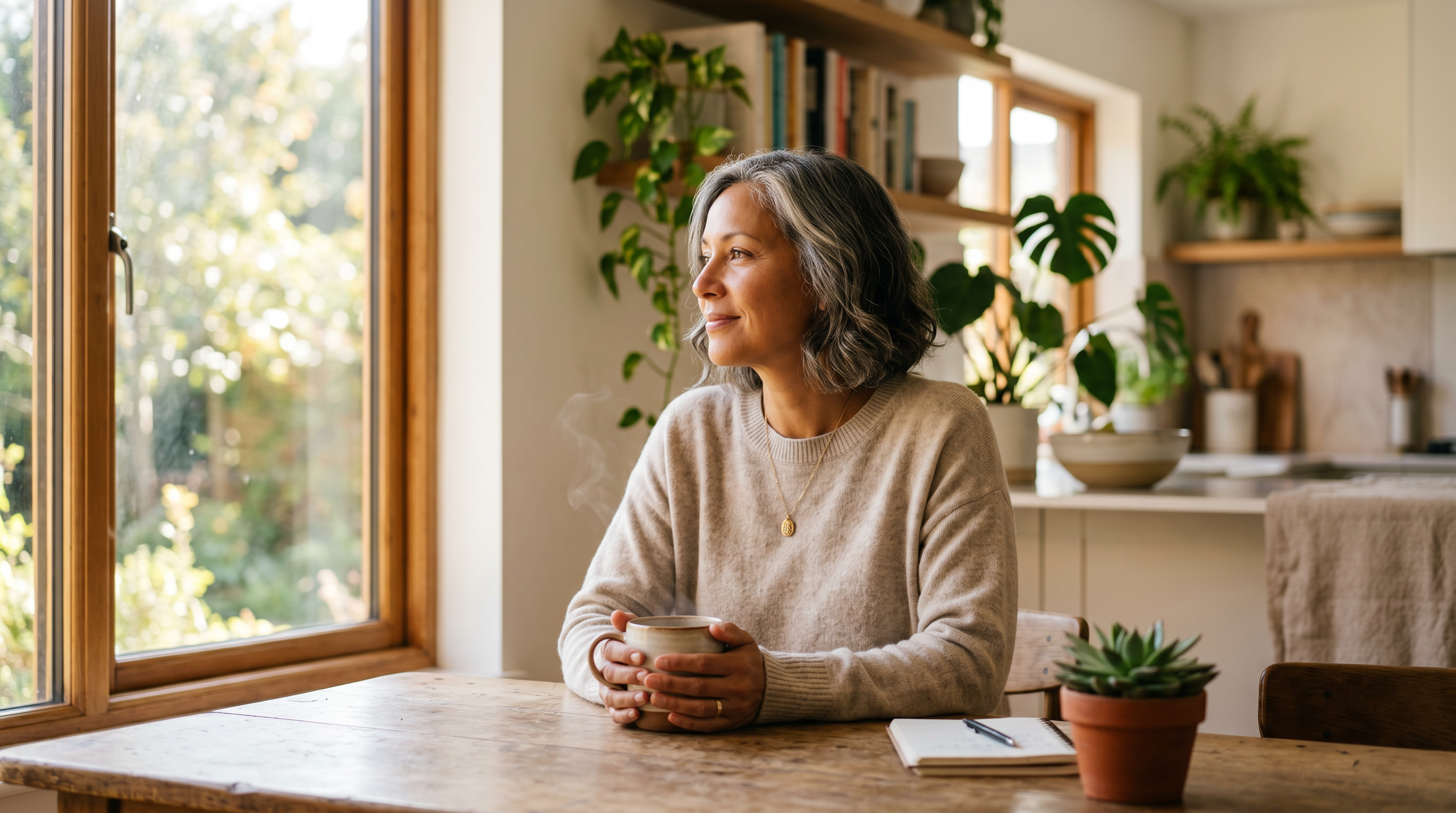 A woman sitting peacefully at home with a warm mug, gazing out a sunlit window — representing hope and new beginnings