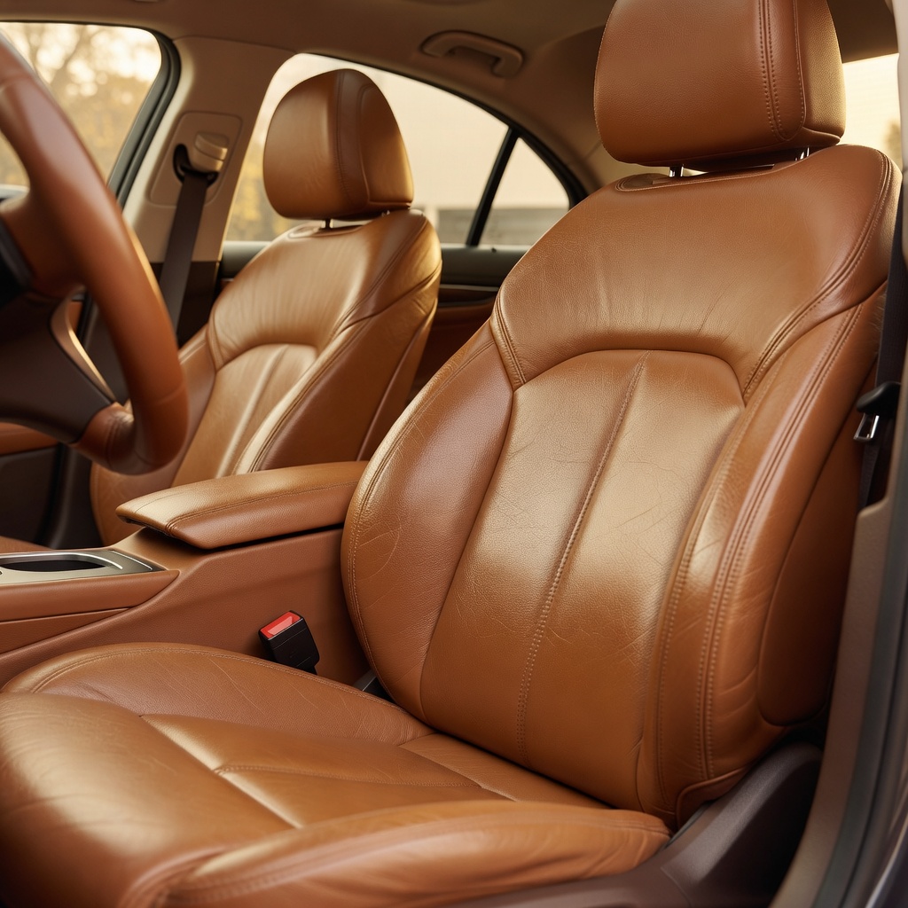 Tan leather front car seats freshly cleaned and conditioned with a protective treatment applied, steering wheel visible