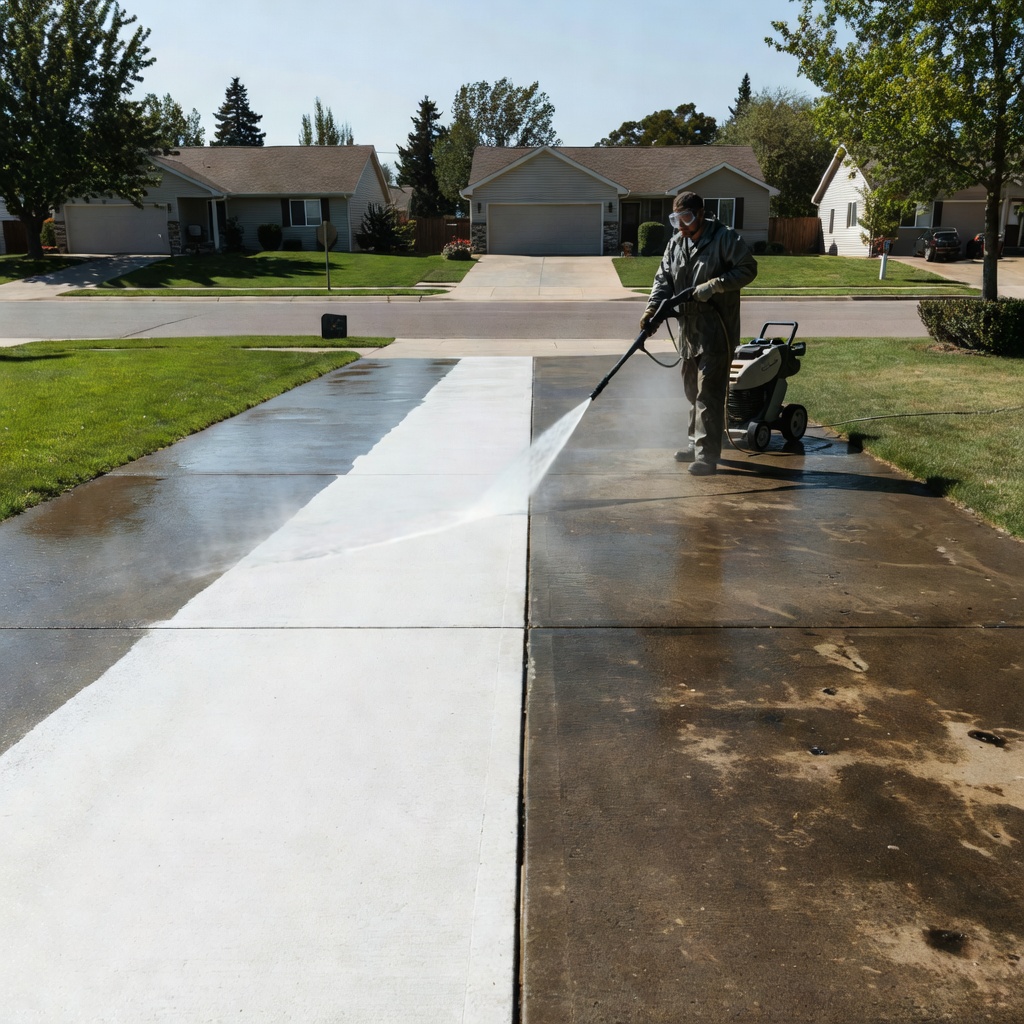 Residential concrete driveway pressure washed clean, dramatic before and after contrast visible